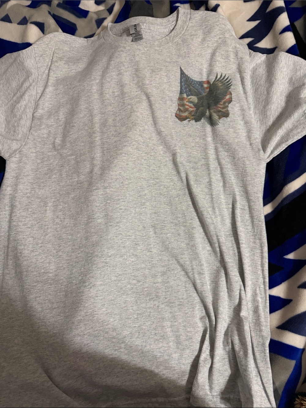 Gildan Light Gray Short Sleeve Tee with Eagle and American Flag Chest Print